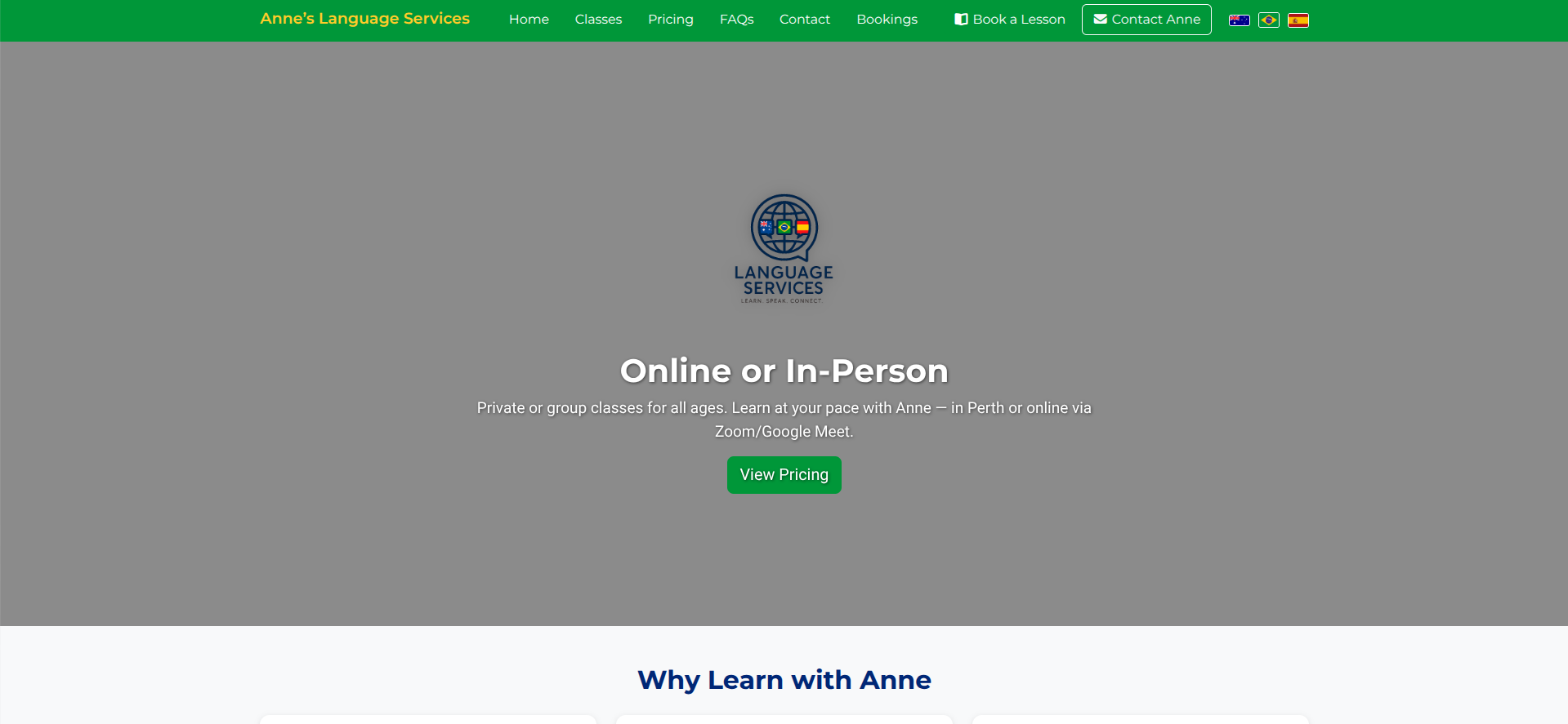 Website for Anne's Language Services in Perth with booking enquiries